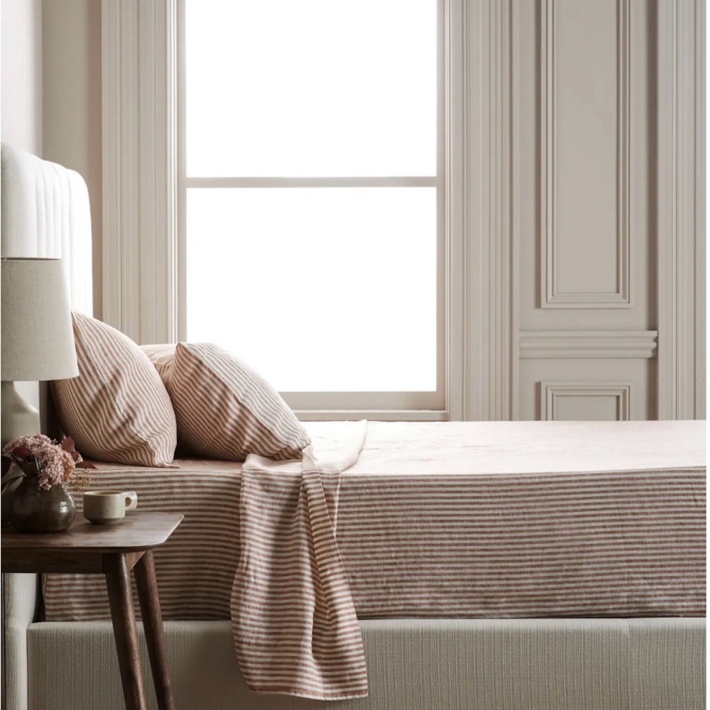 Quince Full size European linen Terracotta Striped Sheet Set